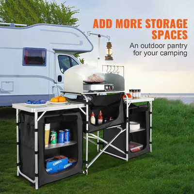 Produktbild von Camping-Küchentisch klappbar, Outdoor-Kochstation, Aluminium, mit 3 Schränken & Windschutz | 174 x 46 x 176 cm | 12,8 kg | Schnellaufbau