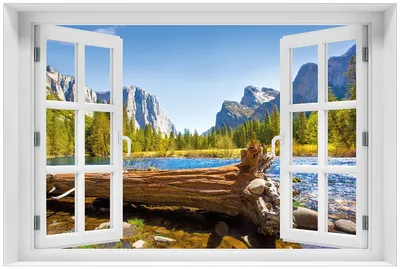 Produktbild von Wallario Premium Glasbild mit Fensterrahmen, freischwebende Optik, kräftige Farben, Größe 60 x 90 cm Motiv Baumstamm im Fluss zwischen Bergen und Wäldern