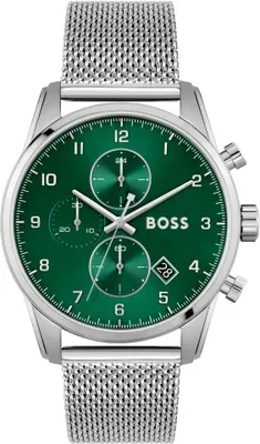 A close-up studio shot of a men's wristwatch with a green dial and a silver mesh band.