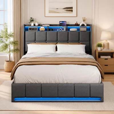 Obrázek produktu pro Postel INONEFT, rozměr 160x200 cm, čalouněná, s LED osvětlením a USB porty, postel pro mládež/dvojlůžko s úložným prostorem, čelo postele, hydraulická postel s pružinovou základnou, šedá barva, Obrázek vytvořený pomocí AI