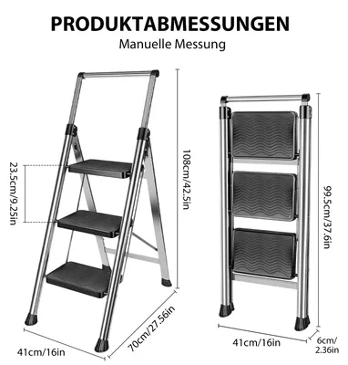 Obrázek produktu pro Skládací žebřík – ocelová konstrukce, 3 stupně – Protiskluzové stupně – Protiskluzové nožičky – Nosnost 150 kg – Vhodný pro domácnost, kutilství, zahradu
