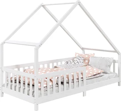 Produktbild von Hausbett CORA 90x190 cm, Weiß - Kinderbett mit Rausfallschutz aus Massivholz, Montessori Bodenbett, Holzbett für Jungen und Mädchen