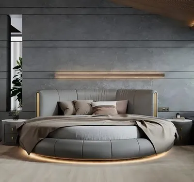 Produktbild von Exklusives Rundbett Grau Beige Polster Design Modernes Schlafzimmer