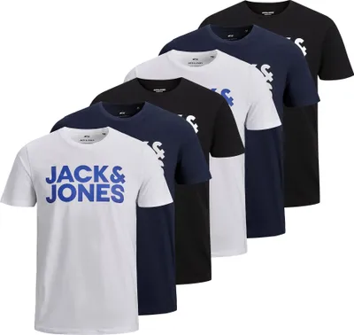 Produktbild von JACK&JONES Herren T-Shirt, 6er Pack - JJECORP LOGO TEE O-NECK, Logo-Print, Baumwolle Schwarz/Weiß/Marineblau S