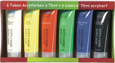 Produktbild von 36 (6x 6) Flaschen Acrylfarbe Set mit je 75ml 6 versch. Farben