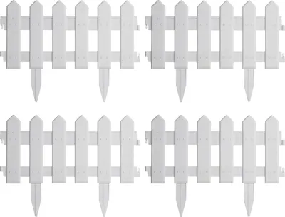 Four white picket fence sections arranged in a 2x2 grid against a white background.