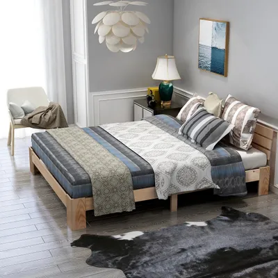Image de MODFU Lit Double en Bois Massif 140x200 avec Espace de Rangement et Sommier Inclus, Style Minimaliste, Sans Matelas - Naturel