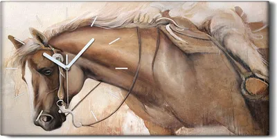 Produktbild von Wanduhr Leinwand Bild Uhr Kunstdruck 60x30 Foto Wand Pferdekopftier mit Reiter - weiße Hände