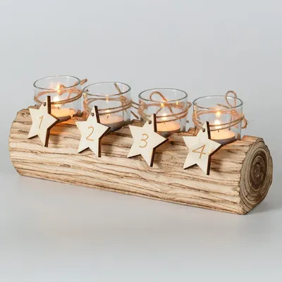 Productafbeelding van Adventskrans van hout met kaarshouders en glazen theelichthouders - Boheemse kerstdecoratie, 38 cm