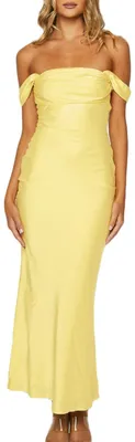 Produktbild von Realtix Elegantes Schulterfreies Maxikleid aus Satin, gerüscht, rückenfrei, träg