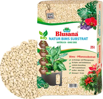 Produktbild von Blusana Bims Pflanzsubstrat 25 Liter grobe Körnung 8-16mm Vulkangestein mineralisch für Drainage Hydrokultur Zimmerpflanzen Balkon Terrasse Garten strukturstabil