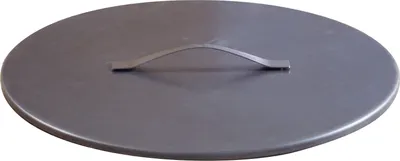 A round metal lid with a handle, presented on a white background.