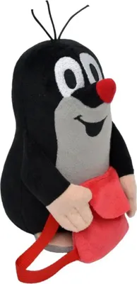 A plush toy mole holding a red backpack.