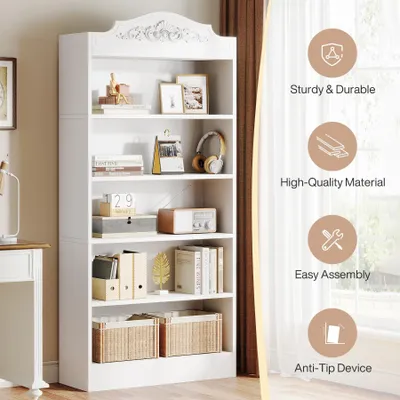 Image de Bibliothèque - Étagère sur pied à 5 étages - Hauteur : 185 cm - Avec casiers de rangement - Bois aggloméré - Style moderne - Blanc