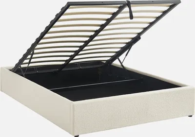 Immagine prodotto di Struttura letto con contenitore e rete a doghe, imbottita bouclé bianco, Bianco