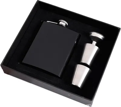 Produktbild von Geschenkset mit Flachmann, Flachmänner für Spirituosen für Herren mit schwarzem Lederbezug