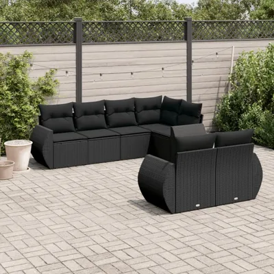 Produktbild von Design 7-tlg. Garten-Sofagarnitur mit Kissen Schwarz Poly Rattan, Gartenmöbel-Sets 2024 Neu