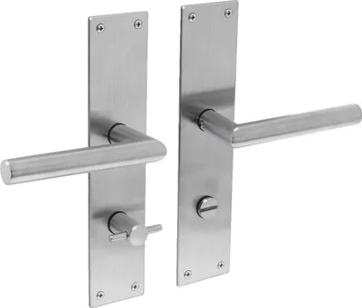 Produktbild von Intersteel Türdrücker Jura auf Schild 250x55x2 mm mit Bad/WC 78 mm + 8 mm stift Edelstahl gebürstet