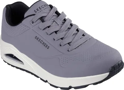 A single gray Skechers sneaker is shown from a side-angle on a white background.