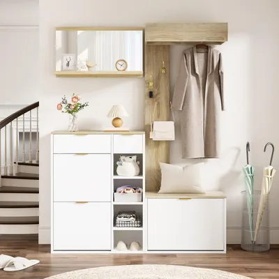 Image de Commode Flieks avec espace chaussures et banc, ensemble de meubles d'entrée mural avec miroir et panneau, ensemble de meubles d'entrée pour couloir avec étagère, blanc, 130x30x174 cm