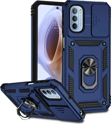 Image de Etui pour Motorola Moto G31 étui double couche avec protection coulissante de l'appareil photo et anneau de support bleu