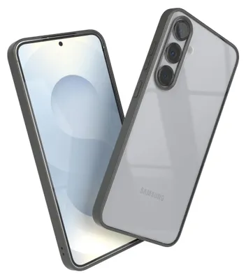 A clear hybrid bumper case for a Samsung Galaxy S25 Plus phone is shown from a diagonal angle, with the phone screen visible on the left and the back of the phone with the case on the right.
