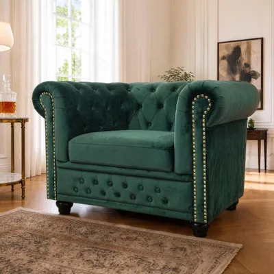 Produktbild von riess-ambiente Sessel CHESTERFIELD flaschengrün gold Samt Federkern Armlehnsessel mit Knopfheftung barock