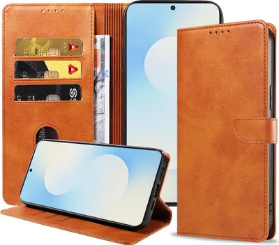 Zdjęcie produktu dla Etui na telefon Samsung Galaxy S25 FE ze sztucznej skóry z magnetyczną wargą i uchwytem na karty Etui książkowe z klapką - Etui portfelowe z kieszenią na karty - brązowe - Smartphonics