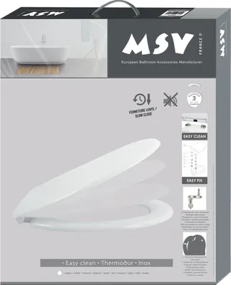 The image shows the packaging of a toilet seat, with a diagram of the product and its features.