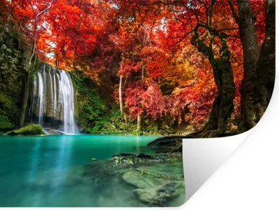 Produktbild von MuchoWow® Wandtattoo Wandsticker Wandaufkleber Wasserfall - Baum - Rot - Herbst - Wasser 120x90 cm Selbstklebend und Repositionierbar - Aufkleber