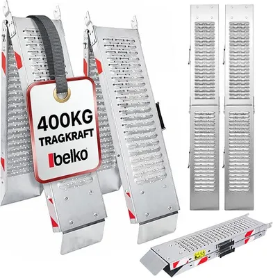 Productafbeelding van 2x Opklapbare oprijplaat, draagvermogen 400 kg | 168x23 cm | Opklapbaar | Verzinkt staal | Antislip, geperforeerd | Geschikt voor auto's, motorfietsen, quads, ATV's, aanhangwagens, laadrampen, laadschotten, oprijplanken
