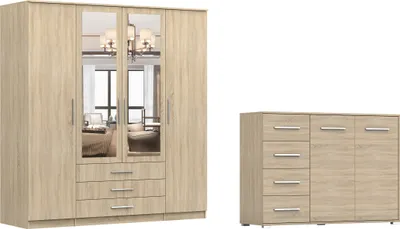 A bedroom furniture set consisting of a wardrobe and a dresser.