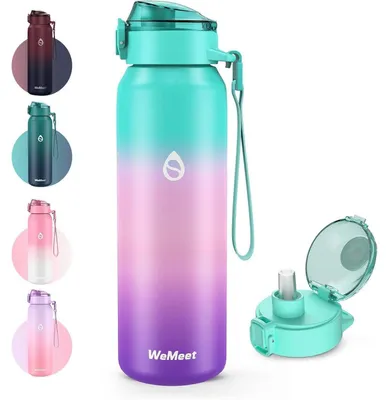 Image de Bouteille en acier inoxydable de 500 ml avec paille, à double paroi, étanche, couvercle en Tritan, couleurs : vert, rose, violet