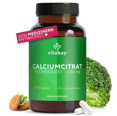 Produktbild von Vitabay Calcium 1000 mg – 90 vegane Kapseln mit Calciumcitrat – für Knochen und Zähne – ohne Zusatzstoffe – Für 1 Monat