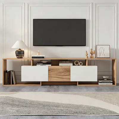 Produktbild von TV-Schrank mit 2 Klapptüren und 3 offene Lagerflächen TV-Tisch TV-Ständer TV Board für TVs bis 85 Zoll 180x30x49cm Weiß+Naturholz