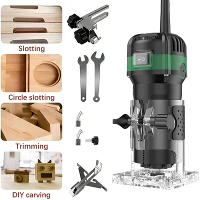Produktbild von Elektrische Kantenfräse - Trimmer- und Fräserset - 30.000 U/min - Für Holzbearbeitung - Gravieren und Nutenfräsen - 6,35-mm-Spannzange - Typ A