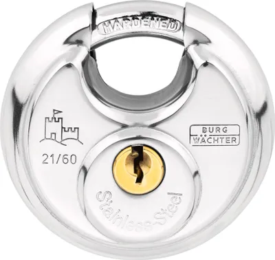 Produktbild von BURG-WÄCHTER Circle 21 60 SB, Rundbügelschloss, Vorhängeschloss mit Schlüssel, 8 mm Bügelstärke, Edelstahlkorpus, Messingschloss, Kneifschutz