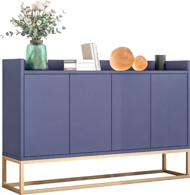 Zdjęcie produktu dla Nowoczesny bufet 120x30x80 cm, 4 drzwi, regulowane półki, metalowe nóżki, niebieski, idealny do salonu, elegancki i praktyczny design