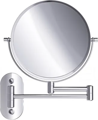 A silver, wall-mounted magnifying cosmetic mirror with an adjustable arm.
