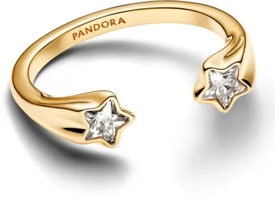 A close-up studio shot of a gold Pandora ring with two star-shaped clear stones.