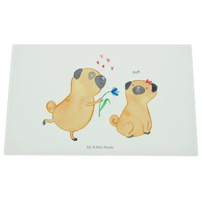 Produktbild von Mr. & Mrs. Panda Glasschneidebrett Mops Verliebt - Weiß - Geschenk, Hund, Liebe, Schneidplatte, Hackbrett, Sprüche, schneidbrett, Glas, Knuffig, Küchenbrett, Partner