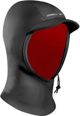 A black O'Neill wetsuit hood with a red interior and a brim.