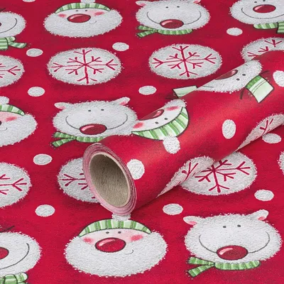 Produktbild von Geschenkpapier für Weihnachten, Schneemann und Eisbär, Rot, 0,70 x 10 m