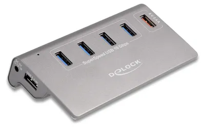 Produktbild von USB 10 Gbps Hub mit 4 USB Typ-A Ports + 1 Schnellladeport (grau, inkl. Netzteil)