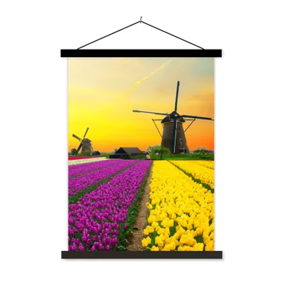 Produktbild von MuchoWow® Textilposter Windmühle - Tulpen - Blumen - Frühling 90x120 cm mit schwarzem Rahmen - Dekoration