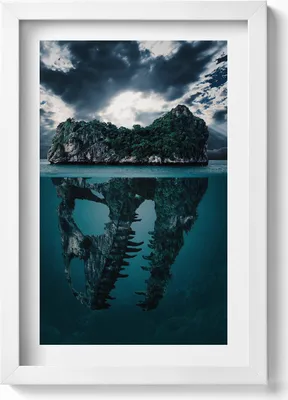 Produktbild von Abstrakte Illustration einer Totenkopfinsel– Wandbild mit Rahmen – Gerahmtes Bild  – Wanddekoration – 20x30 cm – Weiß