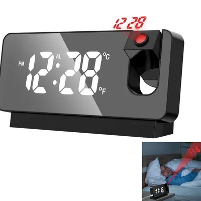 Produktbild von Digitaler Projektionswecker mit LED-Spiegeldisplay, 180° drehbarer Projektor, automatischer Lichtsensor, Snooze-Funktion, Temperaturanzeige & USB-Stromversorgung