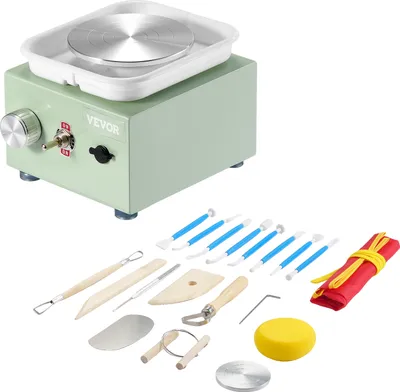 Produktbild von VEVOR Mini-Töpferscheibe, 0–320 U/min, einstellbare Geschwindigkeit, abnehmbare Beckenformmaschine, 2,56 Zoll/3,94 Zoll, 2 Drehteller, elektrische Keramik-Töpferscheibe, 18-teiliges Zubehör,