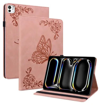Image de Étui en similicuir à motif papillon pour Apple iPad Pro 11 2024, rose