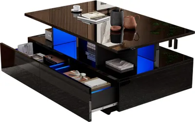 Produktbild von Couchtisch Stilvoller 90x55x41cm Beistelltisch mit Stauraum Belastbar bis 30 kg mit Schubladen Hochglanz Kaffeetisch Freizeittisch LED Wohnzimmertisch